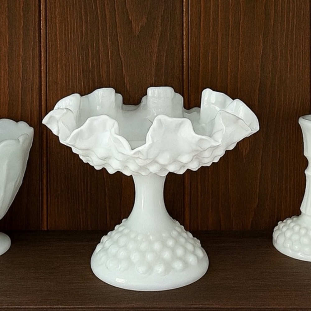 Fenton Hobnail Milk Glass Ruffled Pedestal Compote Candy Dish Decor Vintage 70s